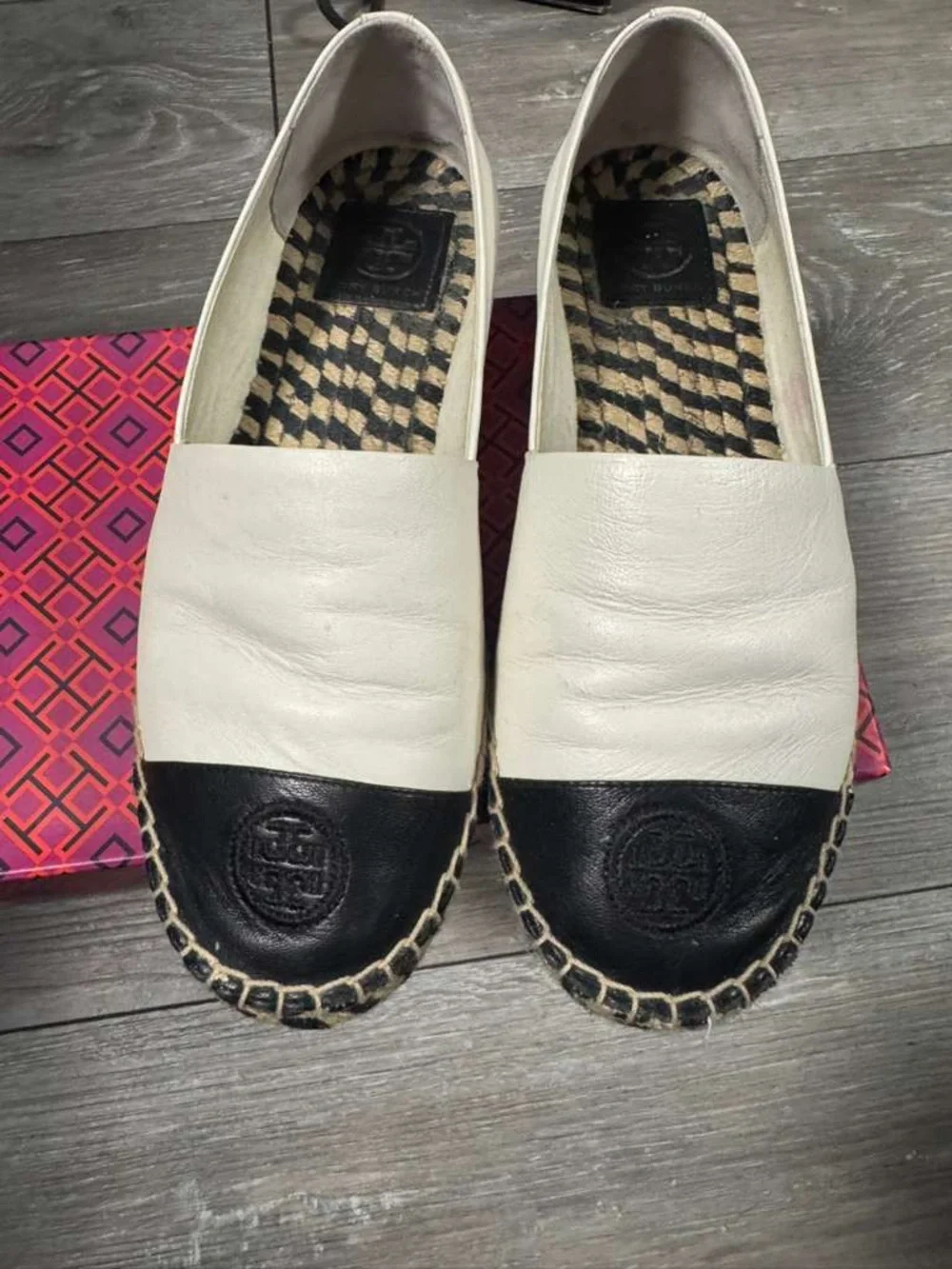 Tory Burch White Leather Espadrille Flats with Black Cap Toe